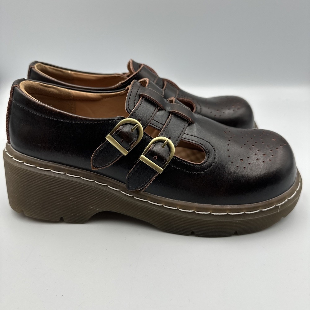New MZDL Meizudongli Mary Jane Shoes Brown Leather Double Buckle 7.5/240 Chunky - Picture 6 of 13